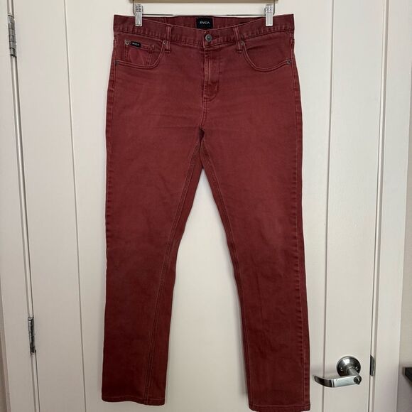RVCA Spanky Denim Jeans Mens Sz 33 Red Slim Straight Stretch Outdoor Comfort - Picture 1 of 15